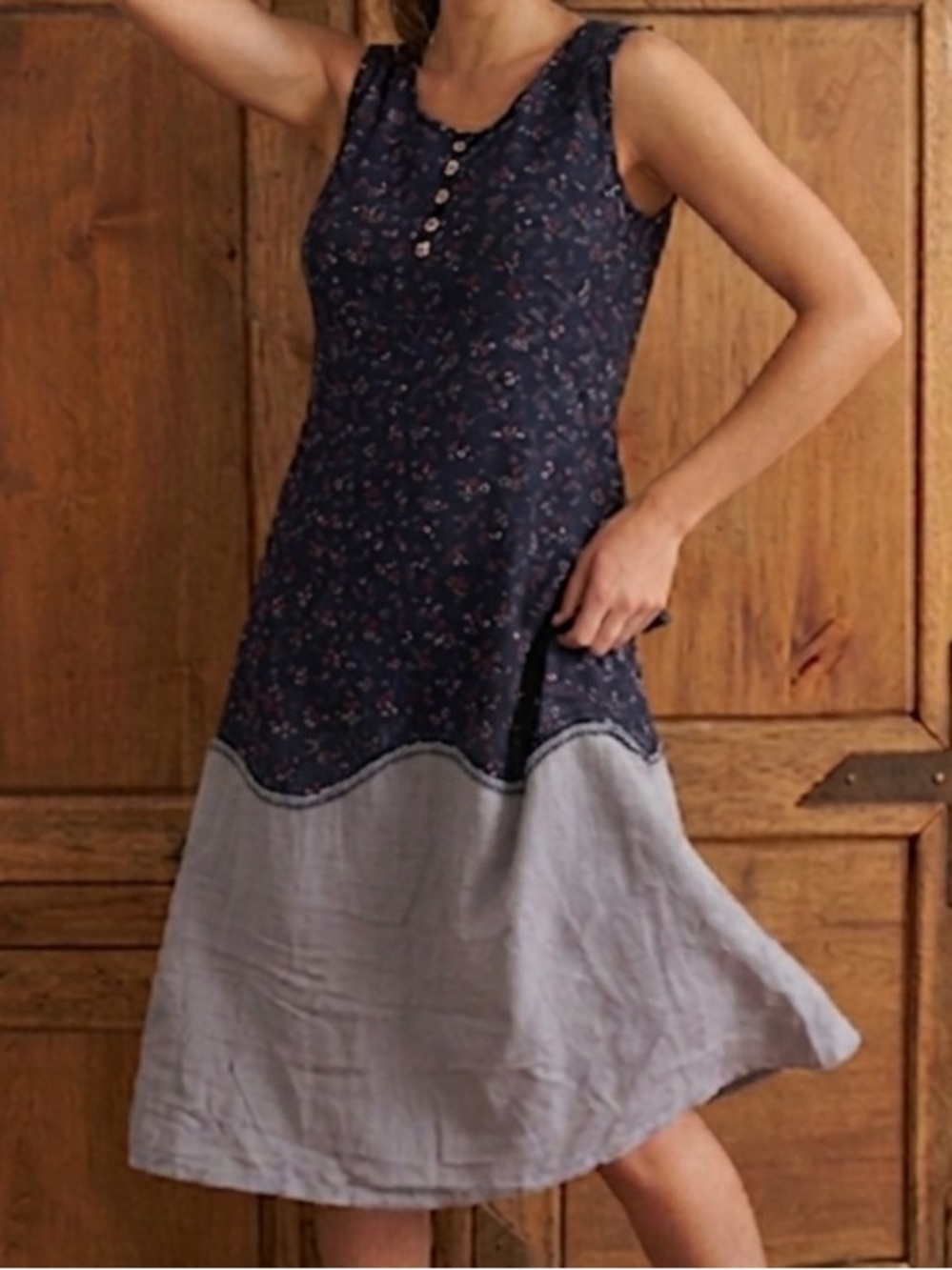 Navy Floral Layered Sleeveless Tunic Dress with Light Blue Hem XL NWOT